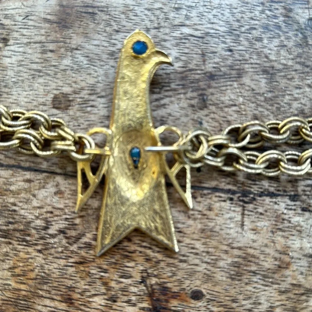 Vintage Art Deco Thunderbird Chain Belt Necklace Gold Tone Blue Cabochon Boho